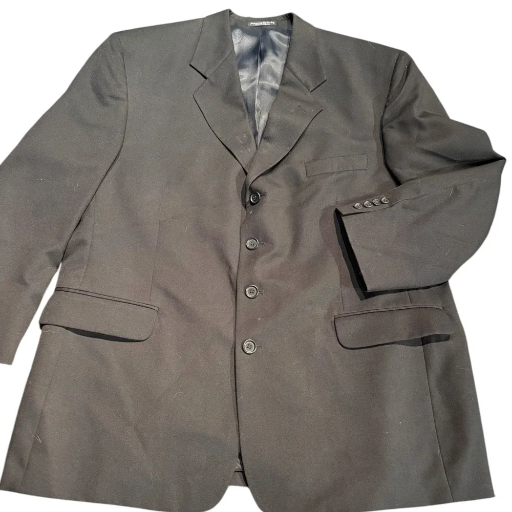 Mens Black Wool Blend 4 Button Suit‎ Blazer Pleated Pants Set 46/40 S